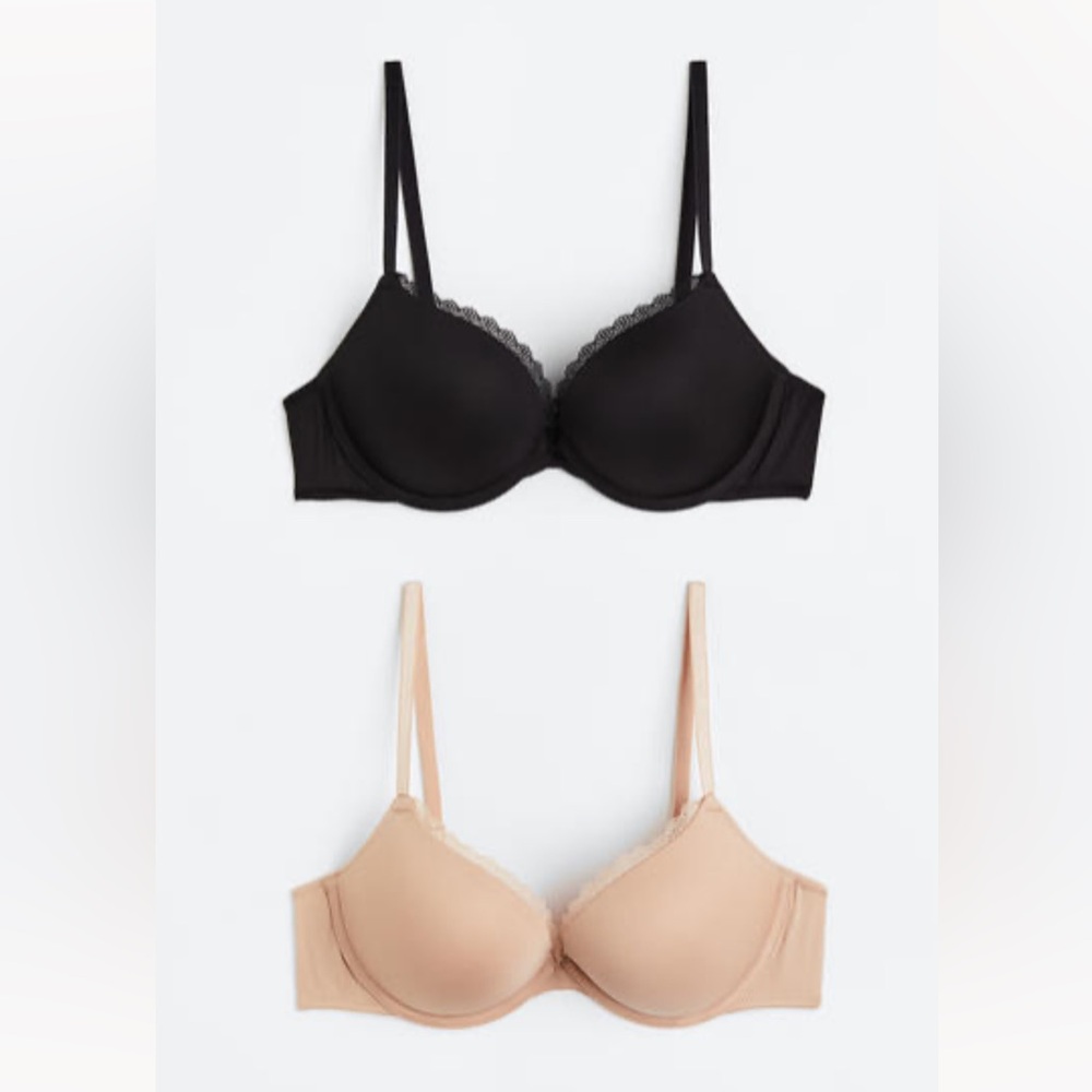 H&M NWT 2-Pack LOT Super Push-Up Bras Black & Beige Underwire Padded 34D